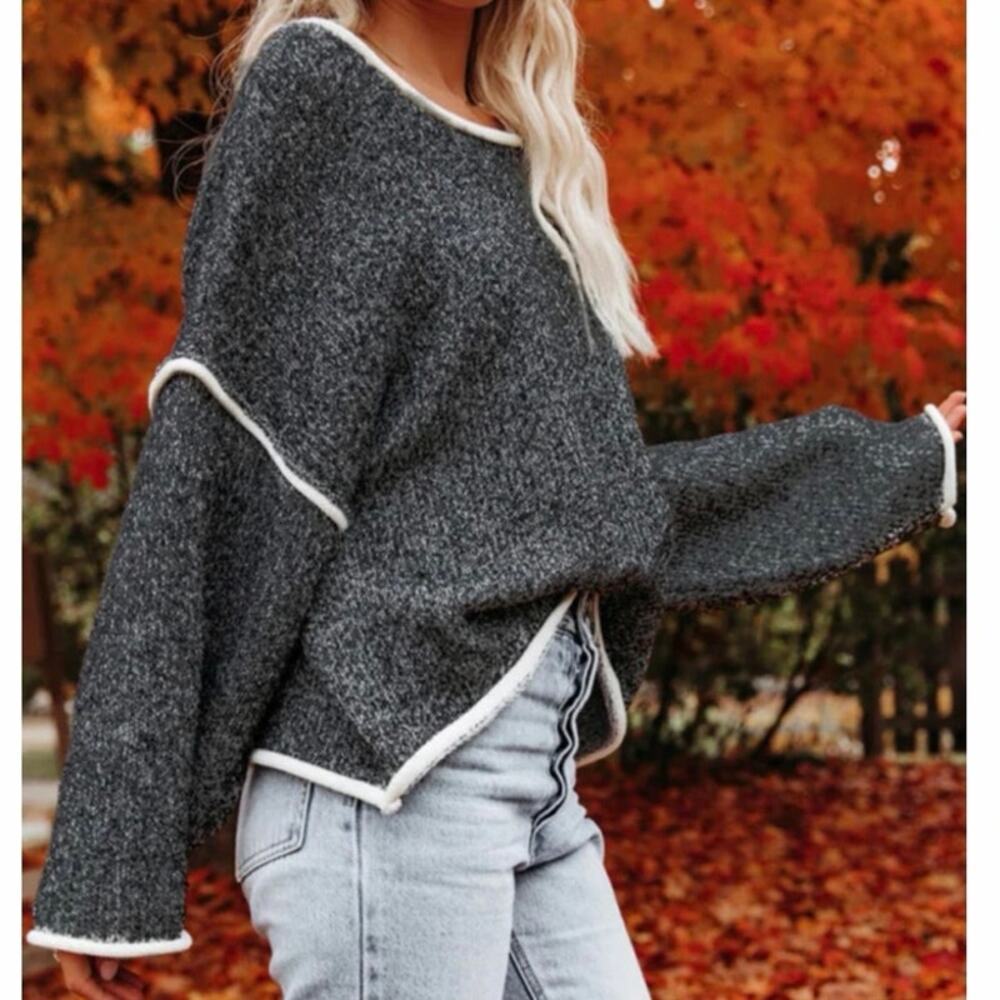 VICI Marled Knit Sweater Cutout Shoulder Raw Hem Oversized Size Medium - Picture 7 of 8